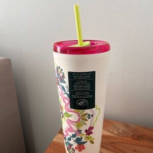 Floral Tumbler with Pink Lid and Green Straw